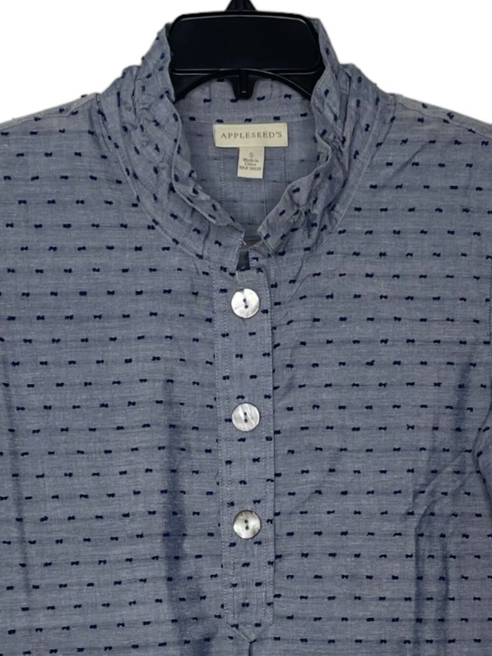 Appleseed's Womens Tunic Size Small Clip-Dot Ruffled Collar 3/4 Sleeve Side Slit - Picture 2 of 6